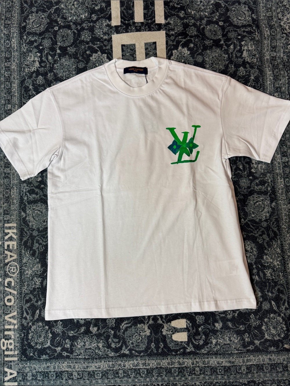 Louis Vuitton White Short-Sleeve Crewneck with Green LV Chest Motif
